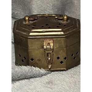 Vintage Brass Incense Box Pierced Octagonal Floral Hinged Lid 3in Decor Boho Box